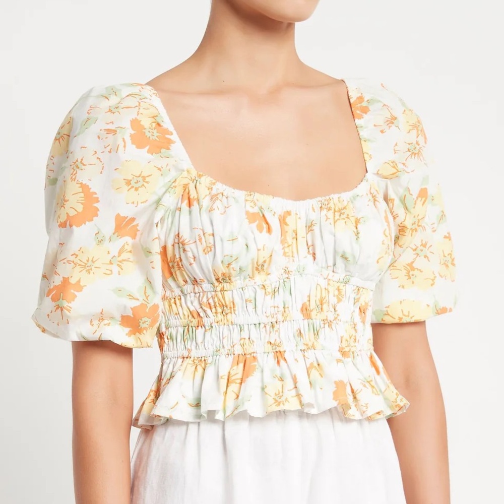 Faithfull the Brand Floral Smocked Blouse in Orange and Cream